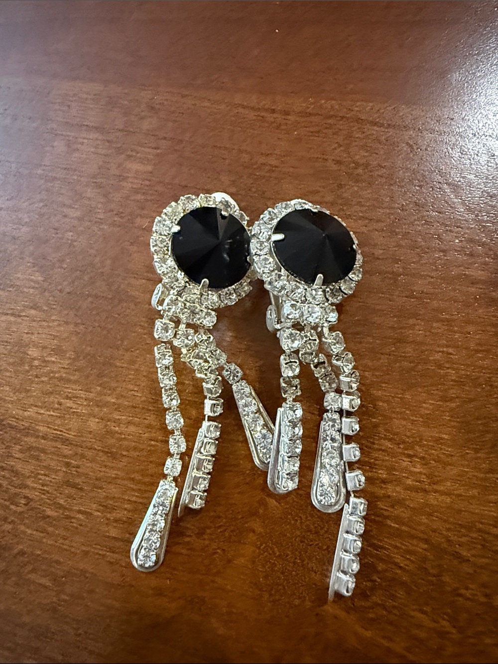Black Center Crystal Drop Earrings with Silver Accents